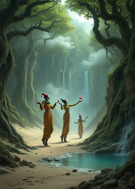 Prompt: Three harlequins on towering stilts covered by long pants reaching the clouds juuggling red balls shrouded in mist and clouds walking through sand dunes covered  with an enchanted , mysterious, lush forest with gnarled, lush, magical trees with tangled web of roots emerging from the ground . Strange, mysterious, slender towering ruins. Waterfalls. Mist. A turquoise pond .