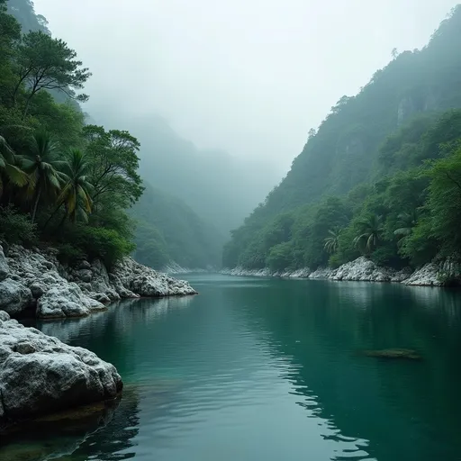 Prompt: A slope of snow covered rocks covered in lush tropical vegetation .A lake with a green-blue hue. Mist . Overcast sky