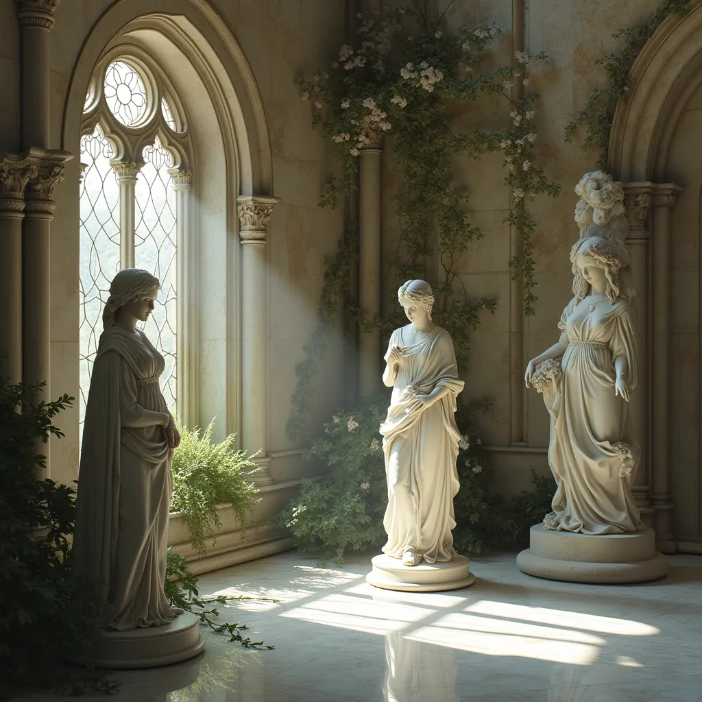 Prompt: Marble lilies sculptures placed in a gothic fantasy scene . A gothic marble window with intricate stone lacework , other gothic elements and a marble wall statue . Sunlight .
