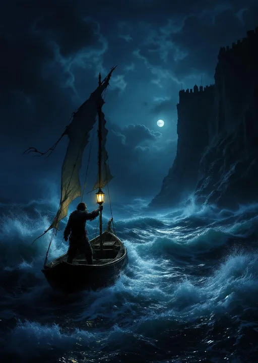 Prompt: A dramatic scene viewed from inside a small boat on a stormy sea at night. The boat has a torn sail and a glowing lantern casting light on a man wearing ragged clothes . The man holds onto a rope tightly as waves crash around him . Mist. The moon is hidden behind clouds creating a backlit sky with scattered clouds glowing faintly .
The boat heads toward a large rocky cliff where an old prison-fortress stands .The atmosphere is tense and chaotic with the sea and wind roaring around the boat .