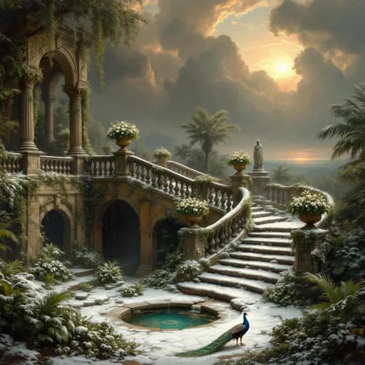 Prompt: A crumbling staircase of a ruined palace covered in snow .The staircase has ornate stone balustrades, decorated with stone urns filled with white flowers. Lush tropical plants coil around the pillars of the balustrades . MIst. A peacock stands gracefully on the steps. Lush tropical plants and palms . A ruined fountain with a statue covered in moss . A turquoise puddle. Frost and snow. The most striking element is the sky . Thick, billowing clouds stretch across the sky, heavy and textured with tones of grey, brown, and hints of blue. These clouds seem to part just enough to reveal a glowing band of soft, golden-yellow light near the horizon, suggesting either a sunrise or a sunset. This light gently spills across the landscape, casting a muted radiance that enhances the depth and mystery of the scene. The style of 19th-century realism.