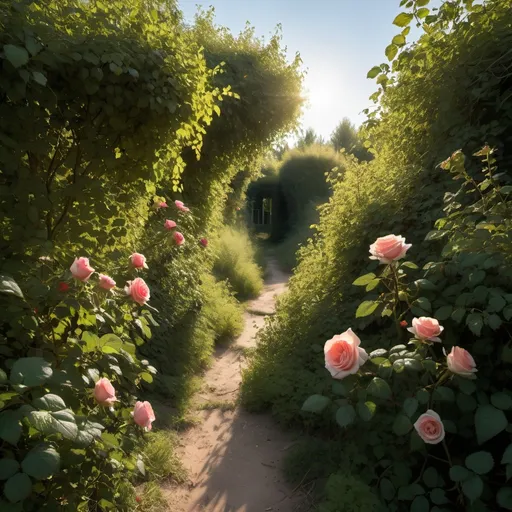 Prompt: a path through dense  vegetation, rose bushes, brambles lit by sun