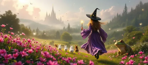 Prompt: A painting in the style of 19th-century realism. A kind witch seen from behind wearing a flowing wide purple dress holding a magical wand topped with a glowing star. She wears a very tall, pointed conical hat decorated with painted stars with a delicate veil hanging from its tip. The witch is running across a meadow filled with vibrant pink lilies. Beside the witch run little white rabbits, squirrels, a deer and a gigantic frog. Ahead of them lies a dense, misty forest with massive, gnarled, lush trees with small, white blossoms and beyond the forest rise   tens of sharp, majestic, white fairytale spires. Tiny flying insects shimmer and drift through the air while delicate dandelion fluff floats gently around her. Mist. Glowing fireflies. Glowing butterflies. Pink, fluffy clouds. Sunlight.