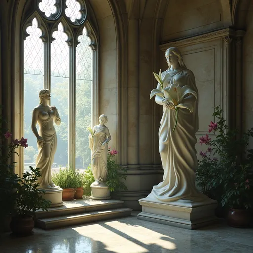 Prompt: Marble lilies sculptures placed in a gothic fantasy scene . A gothic marble window with intricate stone lacework , other gothic elements and a marble wall statue . Sunlight .