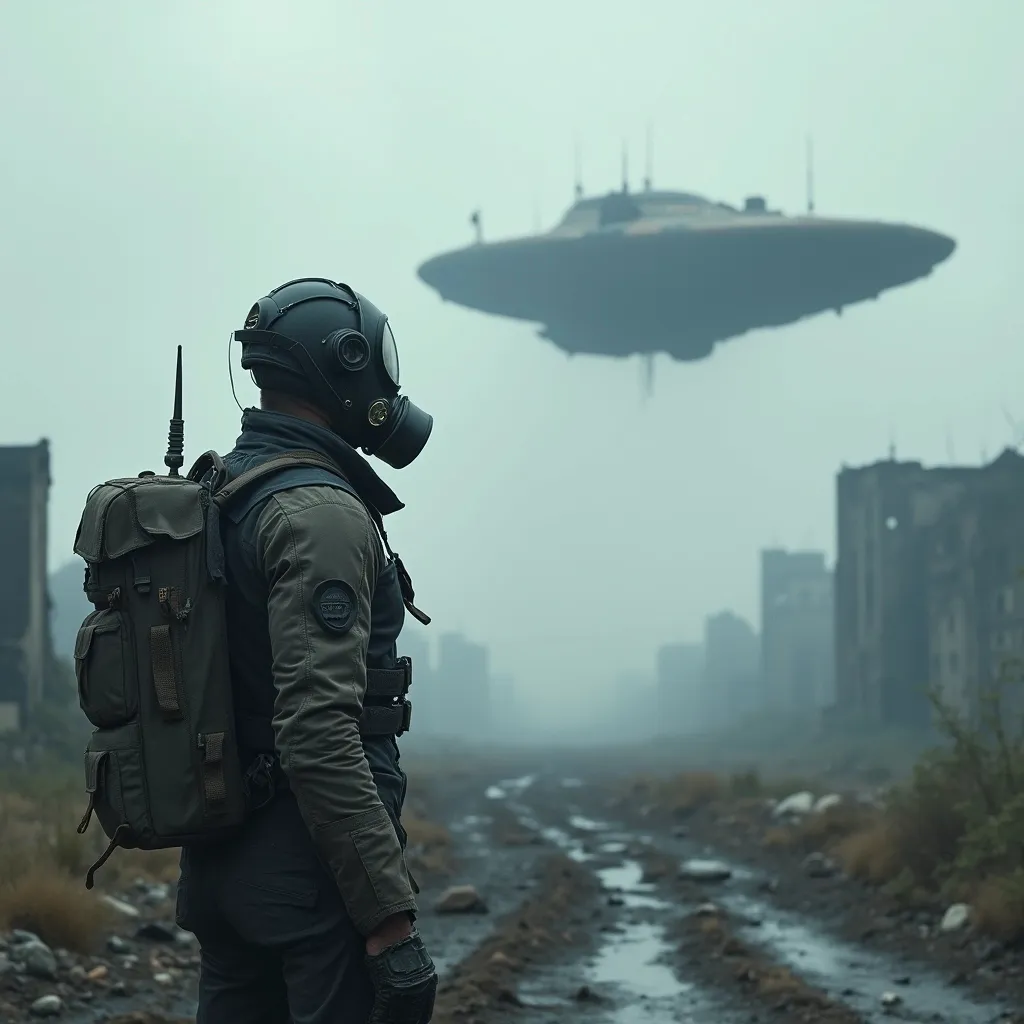 Prompt: Post-apocalyptic landscape with ruined buildings . A close-up on a man wearing an anti-radiation suit and a futuristic gas mask who looks up at a sci-fi spaceship flying overhead . The camera is centered on the flying ship . .Smoke billowing from ruins . Thick fog . Overcast sky