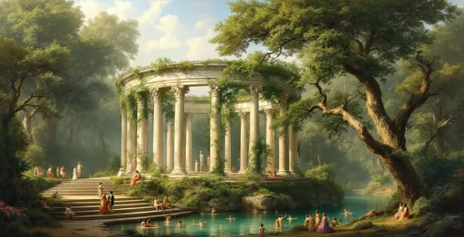 Prompt: An idyllic classical scene in the style of 19th-century realism, set in a lush, verdant forest. The centerpiece is an ancient, partially ruined circular temple with tall, white stone columns. The temple appears to be dedicated to classical deities, with several statues placed between the columns. Ivy and vegetation subtly creep up parts of the structure, blending it naturally into the surrounding forest.

Towering trees frame the composition, their dense foliage creating an intimate, secluded atmosphere. A large tree in the foreground leans dramatically across the temple ruins, enhancing the romantic, slightly wild feeling of the scene.

At the base of the temple, a wide stone staircase leads down to a tranquil turquoise pool of water. Several figures, dressed in elegant 18th-century clothing, are scattered around the steps and the pool. Some sit and chat leisurely, others seem to rest or contemplate the serene surroundings. Closer to the water, a group of children or young figures splash and swim joyfully.

The lighting is soft and warm, casting gentle highlights on the figures and architecture, while parts of the background recede into deeper shadows. The sky above is bright and partly cloudy, suggesting a pleasant, peaceful day.

Overall, the painting radiates a strong sense of romanticism, nature's reclaiming of human monuments, and the harmonious coexistence of humanity and the natural world.