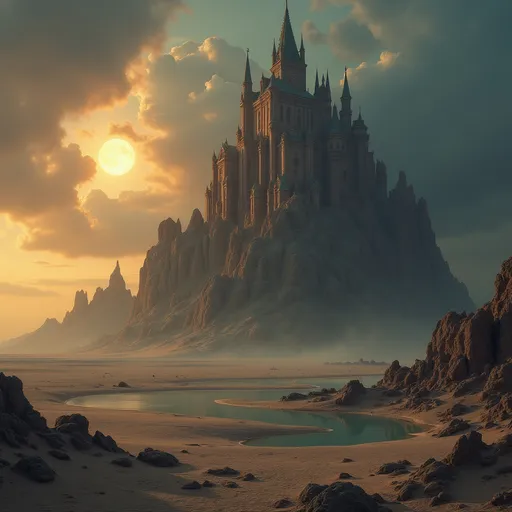 Prompt: A surreal and majestic desert landscape featuring a towering gothic castle on a rocky hill , with a small reflective pool in the foreground . The sky is dramatic , filled with dense clouds , a glowing moon contrasts with the golden hues of a setting sun . The scene evokes a mystical and other worldy atmosphere