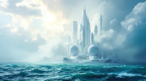 Prompt: White sci-fi buildings shrouded in mist rising in the middle of stormy turquoise ocean. Sunlight .