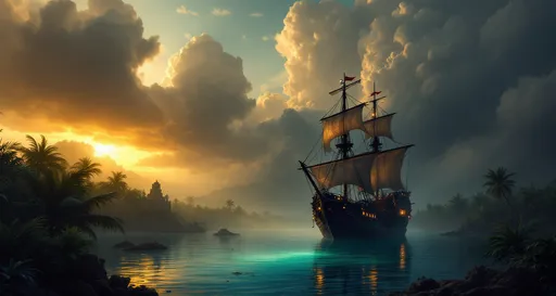 Prompt: A pirate galleon with glowing lanterns on a turquoise misty river in the middle of a lush tropical jungle with plants and palms. Mayan ruins . The most striking element is the sky . Thick, billowing clouds stretch across the sky, heavy and textured with tones of grey, brown, and hints of blue. These clouds seem to part just enough to reveal a glowing band of soft, golden-yellow light near the horizon, suggesting either a sunrise or a sunset. This light gently spills across the landscape, casting a muted radiance that enhances the depth and mystery of the scene. The style of 19th-century realism.