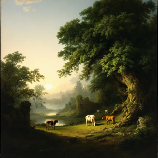 Prompt: A painting in the style of 19th-century realism. A serene, pastoral landscape at twilight. A few cows grazing on a meadow . Massive, lush, gnarled trees. A pond. Mist. Ruins
