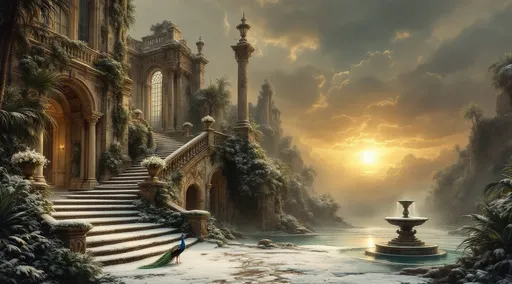 Prompt: A ruined and crumbling palace with tall windows covered in snow with staircases with ornate stone balustrades decorated with stone urns filled with white flowers. Lush tropical plants and palms . A peacock stands gracefully on the steps . A frozen turquoise pond .Mist. A ruined fountain with a sttaue covered in moss . The most striking element is the sky . Thick, billowing clouds stretch across the sky, heavy and textured with tones of grey, brown, and hints of blue. These clouds seem to part just enough to reveal a glowing band of soft, golden-yellow light near the horizon, suggesting either a sunrise or a sunset. This light gently spills across the landscape, casting a muted radiance that enhances the depth and mystery of the scene. The style of 19th-century realism.