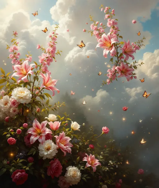 Prompt: A painting in the style of 19th-century realism. Lush branches emerging from the fluffy clouds wrapped in vibrant climbing pink lilies, peonies and climbing pink and white roses. Mist. Lyrebirds with long tails perch among the foliage while butterflies and glowing fireflies flutter through the air . Sparkling particles in the air . Sunlight .