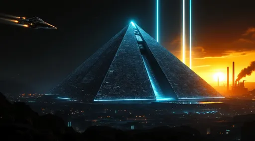 Prompt: A massive, pyramid-like building covered in shimmering lights like circuits complex dominating the landscape, bathed in sunset except for countless glowing blue lights emanating from its surface. A sleek, sci-fi spaceship with glowing thrusters flying towards the pyramid . The architecture is monolithic and imposing, with clean geometric lines and a symmetrical design that gives the impression of power and control. The central structure rises higher than the rest, and a wide corridor or ramp leads toward its peak, reinforcing a sense of monumental scale.
In the distance, subtle beams of light stretch into the sky from the central structure, cutting through the darkness and suggesting a powerful source of energy or advanced technology. The sky above is mostly black, with a few faint stars visible, enhancing the sense of isolation and vastness.
The overall atmosphere is dark, mysterious, and dystopian, reminiscent of classic science fiction films with themes of industrialization, control, and futuristic urban sprawl. 
Industrial landscape covered in shimmering lights and flames coming out from tall industrial chimneys.
