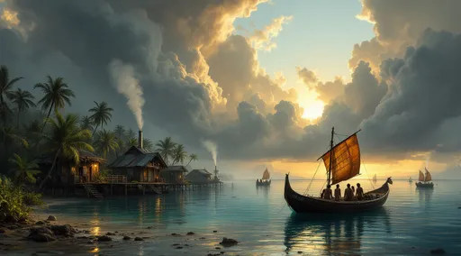 Prompt: A lagoon shallow turquoise water , leaning palms over water and lush tropical plants. Post-apocalyptic huts made of metal sheets, rags and wood on stilts over water. Mist. A boat with a patched sail. Men and women in tattered clothes. Billowing smoke from improvised chimneys. The most striking element is the sky . Thick, billowing clouds stretch across the sky, heavy and textured with tones of grey, brown, and hints of blue. These clouds seem to part just enough to reveal a glowing band of soft, golden-yellow light near the horizon, suggesting either a sunrise or a sunset. This light gently spills across the landscape, casting a muted radiance that enhances the depth and mystery of the scene. The style of 19th-century realism .