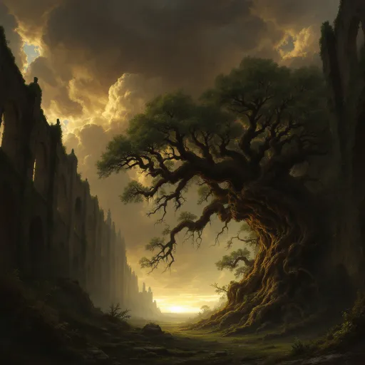 Prompt: A massive, gnarled and lush tree with an intricate web of roots growing inside a ruined, vast, dark cathedral. Mist. Walls covered in creeping vines and moss . The most striking element is the sky . Thick, billowing clouds stretch across the sky, heavy and textured with tones of grey, brown, and hints of blue. These clouds seem to part just enough to reveal a glowing band of soft, golden-yellow light near the horizon, suggesting either a sunrise or a sunset. This light gently spills across the landscape, casting a muted radiance that enhances the depth and mystery of the scene. The style of 19th-century realism.