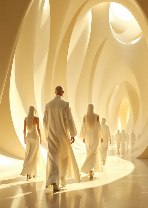 Prompt: Tall men and tall women with white hair dressed in sleek white futuristic clothing walking in a surreal and futuristic yet organic halls with enormous , sweeping blending organic-looking arches curving elegantly upwards resembling the inside of a luminous , futuristic cathedral. The walls and the arches are smooth creamy-white (butter color ) and softly reflective catching the golden light that floods the space . The illumination is warm and ethereal with sunlight pouring through unseen openings casting diffused shadows across the arched surfaces . The overall atmosphere feels sacred , timeless and slightly otherworldy.