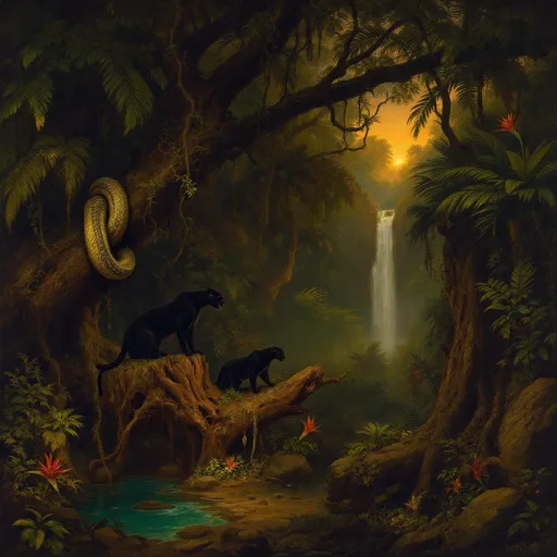 Prompt: Deep jungle. Lush tropical plants and palms. Vines draped on branches. Mist. On the left side of the image a large python tightly coiled around a thick, gnarled branch. A black panther on a fallen, rotten tree stump. A small waterfall. A turquoise pool. Rocks. Bird of paradise flowers. Sunset filters through the dense foliage. A painting in the style of 19th-century realism. 