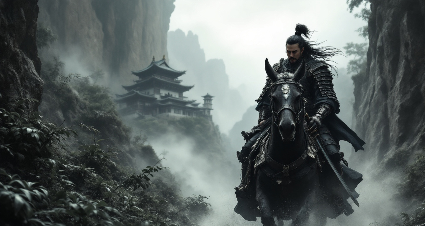 Prompt: A frontal view of a samurai in traditional armor with his hair tied in a topknot riding through a misty, rocky gorge overgrown with vegetation in the style of 19th-century realism. His sword is sheathed at his side . Behind him perched on a cliff rises a medieval japanese castle . Overcast sky . 