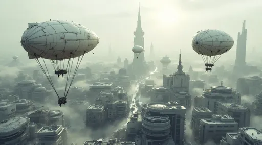 Prompt: An aerial view with three white post-apocalyptic zeppelins that have an unusual almost organic-looking envelope made of what appears to be stitched or patched-together material giving it a rugged improvised aesthetic . The zeppelins are suspended high by ropes above a post-apocalyptic dense suburbia with white futuristic buildings. Piles of waste . The atmosphere is polluted and full of white dust . The sun shines faintly through the white dust casting a dull eerie glow over the desolate scene . In the distance the towering futuristic buildings of the city can be seen .