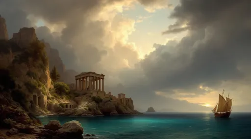 Prompt: A sailing ship exiting a cove surrounded by rocky cliffs covered in vegetation . Greek ruins . Mist. Turquoise water . The most striking element is the sky . Thick, billowing clouds stretch across the sky, heavy and textured with tones of grey, brown, and hints of blue. These clouds seem to part just enough to reveal a glowing band of soft, golden-yellow light near the horizon, suggesting either a sunrise or a sunset. This light gently spills across the landscape, casting a muted radiance that enhances the depth and mystery of the scene. The style of 19th-century realism .