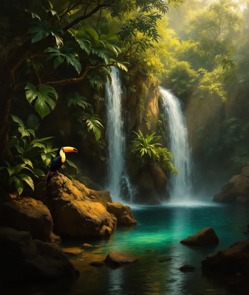 Prompt: A painting in the style of 19th-century realism. A small waterfall masked by lush tropical plants and big leaves hidden deep in a misty, dark jungle. A toucan perched on a branch. Rocks. A turquoise pool. Golden sunlight