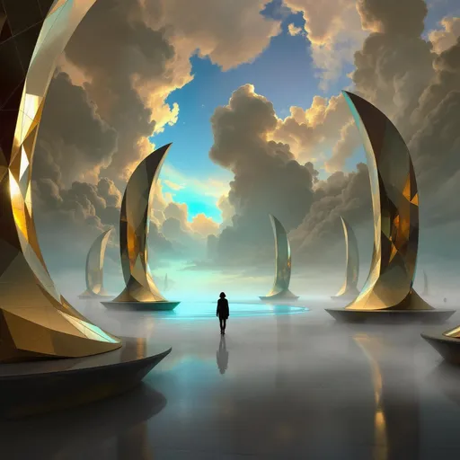 Prompt: Towering , curved, futuristic constructions made of mirrors arranged on large , concrete tiles . A turquoise lake . Alien sky with soft clouds drifting through a vivid blue atmosphere . Mist . Sharp, geometric shapes dominate the scene . The most striking element is the sky . Thick, billowing clouds stretch across the sky, heavy and textured with tones of grey, brown, and hints of blue. These clouds seem to part just enough to reveal a glowing band of soft, golden-yellow light near the horizon, suggesting either a sunrise or a sunset. This light gently spills across the landscape, casting a muted radiance that enhances the depth and mystery of the scene. The style of 19th-century realism.