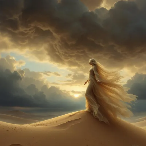 Prompt: The goddess of the dunes dressed in flowing veils in the color of sand gradually disintegrates into sand carried away by the wind across the dunes-ethereal, mystical and windswept atmosphere , surrealism, intricate fabric details , drifting particles dissolving into the air.  The most striking element is the sky . Thick, billowing clouds stretch across the sky, heavy and textured with tones of grey, brown, and hints of blue. These clouds seem to part just enough to reveal a glowing band of soft, golden-yellow light near the horizon, suggesting either a sunrise or a sunset. This light gently spills across the landscape, casting a muted radiance that enhances the depth and mystery of the scene. The style of 19th-century realism.
