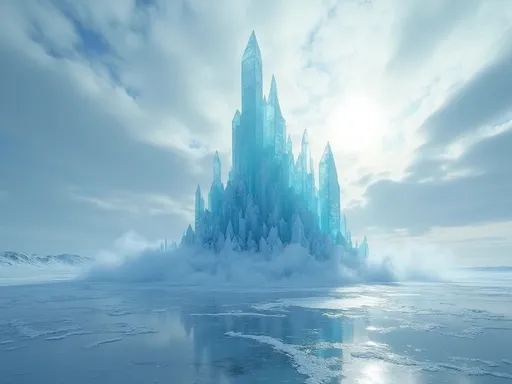 Prompt: A breathtaking quartz crystal structure rises from a vast , frozen wasteland . The structure is composed of massive, translucent blue quartz crystals . The surrounding landscape is an endless expanse of snow and ice with a frozen lake in the foreground its glossy surface mirroring the structure's eerie blue luminescence . Above , the sky is heavy with swirling clouds tinged in shades of pale blue and gray casting a soft , ethereal glow over the scene . Wisps of mist curl around the base of the structure futher enhancing its otherworldy presence . The structure stands as a monumental , marvel in the heart of an arctic wilderness evoking a sense of awe and isolation . Thick blue mist . Wind blown snow . Thick clouds of blue mist and wind blown-snow . Sunlight
