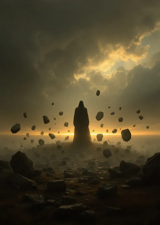 Prompt: Thousands of stones levitating around a mysterious silhouette .Trees. Surreal and atmospheric scene .Mist.
The most striking element is the sky . Thick, billowing clouds stretch across the sky, heavy and textured with tones of grey, brown, and hints of blue. These clouds seem to part just enough to reveal a glowing band of soft, golden-yellow light near the horizon, suggesting either a sunrise or a sunset. This light gently spills across the landscape, casting a muted radiance that enhances the depth and mystery of the scene. The style of 19th-century realism .