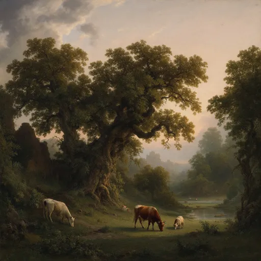 Prompt: A painting in the style of 19th-century realism. A serene, pastoral landscape at twilight. A few cows grazing on a meadow . Massive, lush, gnarled trees. A pond. Mist. Ruins