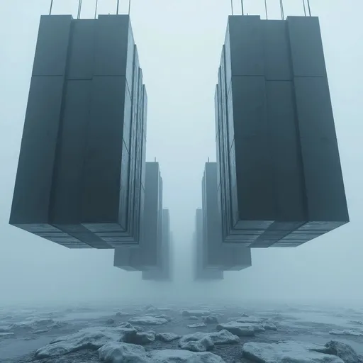 Prompt: Rectangular dark structures that resemble massive, metallic blocks hanging upside down suspended in the misty sky . They have vertical ridges giving them a mechanical or architectural feel and they extend far into the distance creating an overwhelming sense of scale . The ground is covered in a jagged ice cap enhancing the eerie atmosphere . Mist