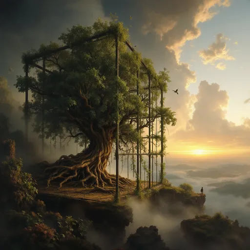 Prompt: A massive, gnarled and lush tree with an intricate web of roots growing in the center of a cubic steel lattice. Mist.  Vines and branches twisted around the steel bars. Lyre birds with long tails perched on the steel rods.  The most striking element is the sky . Thick, billowing clouds stretch across the sky, heavy and textured with tones of grey, brown, and hints of blue. These clouds seem to part just enough to reveal a glowing band of soft, golden-yellow light near the horizon, suggesting either a sunrise or a sunset. This light gently spills across the landscape, casting a muted radiance that enhances the depth and mystery of the scene. The style of 19th-century realism.
