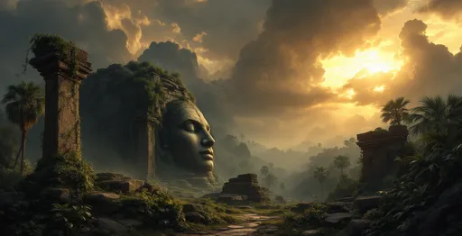 Prompt: A large leopard . The ruins of a jungle temple-stone blocks, fallen pillars and a carved face of a giant statue partly buried in the ground. Lush tropical jungle with plants and palms.  Mist. Vines and vegetation creep through the scene emphasizing the setting as an overgrown and forgotten place . 
The most striking element is the sky . Thick, billowing clouds stretch across the sky, heavy and textured with tones of grey, brown, and hints of blue. These clouds seem to part just enough to reveal a glowing band of soft, golden-yellow light near the horizon, suggesting either a sunrise or a sunset. This light gently spills across the landscape, casting a muted radiance that enhances the depth and mystery of the scene. The style of 19th-century realism .