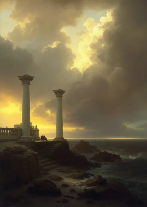 Prompt: White columns and arches , parlor chairs , rocks , mist, stormy ocean.
The most striking element is the sky . Thick, billowing clouds stretch across the sky, heavy and textured with tones of grey, brown, and hints of blue. These clouds seem to part just enough to reveal a glowing band of soft, golden-yellow light near the horizon, suggesting either a sunrise or a sunset. This light gently spills across the landscape, casting a muted radiance that enhances the depth and mystery of the scene. The style of 19th-century realism.
