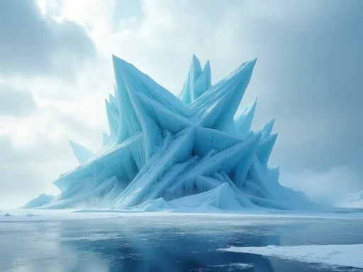 Prompt: A breathtaking ice structure rises from a vast , frozen wasteland . The structure is composed of massive, translucent blue ice shards that cross and interlock at sharp angles forming a chaotic yet mesmerizing lattice of frozen structures . These intersecting ice formations reflect the cold , diffused light creating an intricate pattern of refracted blues and whites . The surrounding landscape is an endless expanse of snow and ice with a frozen lake in the foreground its glossy surface mirroring the structure's eerie blue luminescence . Above , the sky is heavy with swirling clouds tinged in shades of pale blue and gray casting a soft , ethereal glow over the scene . Wisps of mist curl around the base of the structure futher enhancing its otherworldy presence . The interwoven ice formations make the structure appear almost alien as if it were sculpted by the forces of nature or an ancient civilization lost to time . The entire scene has a fantasy and cinematic quality with dramatic lighting that highlights the sharp intercrossing ice formations . The structure stands as a monumental , frozen marvel in the heart of an arctic wilderness evoking a sense of awe and isolation . Thick blue mist . Wind blown snow . Thick clouds of blue mist and wind blown-snow . Sunlight