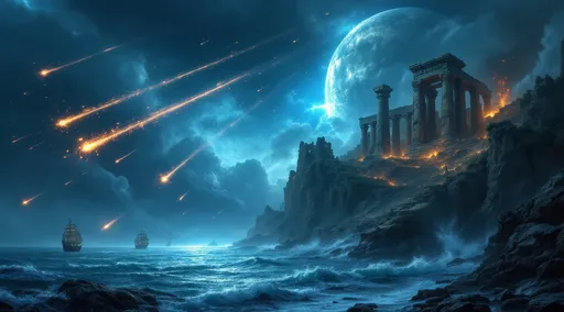 Prompt: Ruined temples of Atlantis perched on rocky cliffs under a meteor shower. Flaming meteors crashing and exploding. Crumbled and shattered stone columns . Meteors strike the ocean creating massive water splashes . Ancient sail ships floating on the stormy ocean. Stormy clouds . A broken , destroyed, fragmented moon looms in the sky.