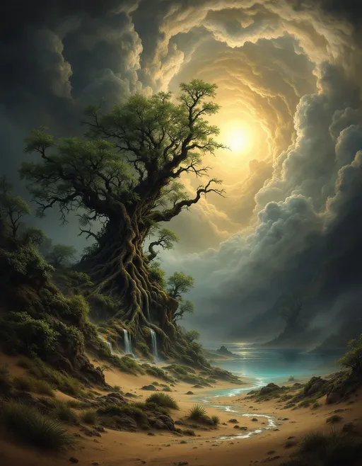 Prompt: Sand dunes covered by an enchanted, mysterious, lush forest with gnarled, lush, magical trees with tangled web of roots emerging from the ground inside a giant hourglass. Waterfalls.  Mist. A turquoise pond. The most striking element is the sky . Thick, billowing clouds stretch across the sky, heavy and textured with tones of grey, brown, and hints of blue. These clouds seem to part just enough to reveal a glowing band of soft, golden-yellow light near the horizon, suggesting either a sunrise or a sunset. This light gently spills across the landscape, casting a muted radiance that enhances the depth and mystery of the scene. The style of 19th-century realism.