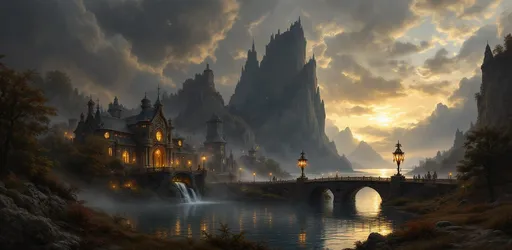 Prompt: A painting in the style of 19th-century realism. An elven city at dusk with candlelit windows on a lake shore. Burning torches are mounted on the stone walls casting warm, flickering light and long shadows. Intricately designed buildings with curved rooftops, large arched windows and columns. An elegant bridge with arches with lit lanterns on poles decorated with intricately wrought iron ornaments their warm glow illuminating the water. Mist. Lush, gnarled trees in autumn colors. Tall, jagged rocky cliffs covered in lush, gnarled trees in autumn colors. Waterfalls.  The most striking element is the sky. Thick, billowing clouds stretch across the sky, heavy and textured with tones of grey, brown, and hints of blue. These clouds seem to part just enough to reveal a glowing band of soft, golden-yellow light near the horizon, suggesting either a sunrise or a sunset. This light gently spills across the landscape, casting a muted radiance that enhances the depth and mystery of the scene. Shafts of sunlight.