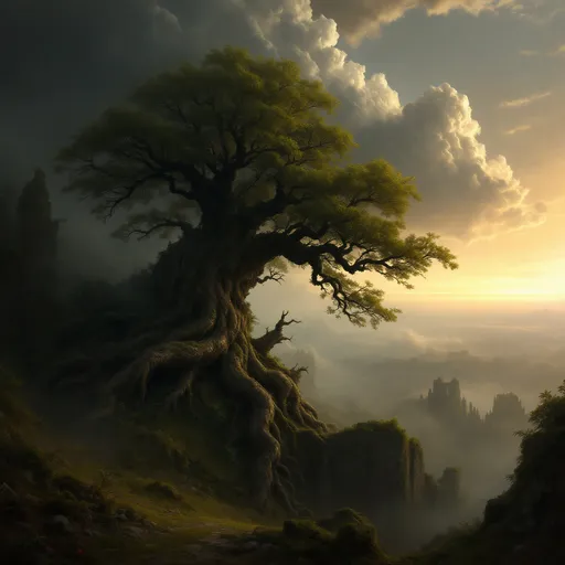 Prompt: A massive, gnarled and lush tree with an intricate web of roots growing inside a ruined, vast, dark cathedral. Mist. Walls covered in creeping vines and moss . The most striking element is the sky . Thick, billowing clouds stretch across the sky, heavy and textured with tones of grey, brown, and hints of blue. These clouds seem to part just enough to reveal a glowing band of soft, golden-yellow light near the horizon, suggesting either a sunrise or a sunset. This light gently spills across the landscape, casting a muted radiance that enhances the depth and mystery of the scene. The style of 19th-century realism.