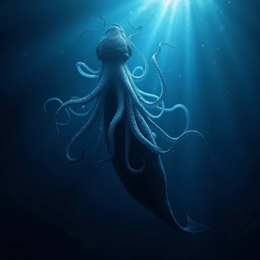 Prompt: A squid with its tentacles wrapped around a sperm whale in the deep abyss surrounded by dark blue ocean . Deep blue mist . Sunrays filtering . Bioluminiscent organisms .