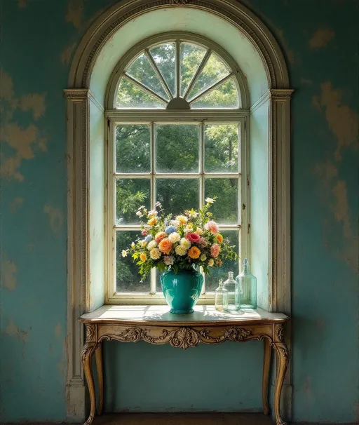 Prompt: A painting in the style of 19th-century realism. An arched window framed by aged, weathered turquoise-blue walls. The paint on the walls appears cracked and slightly peeling revealing patches of underlying layer of beige or grey giving the scene an antique and slightly melancholic atmosphere.
The window itself has a classical design with a semicircular arch at the top  and multiple glass panes separated by white, slightly worn wooden muntins. Through the glass lush trees are visible. In the front of the window stands a narrow ornate wooden table with elegant curved legs and carved floral details along its edge. The wood of the table is faded and distressed harmonizing with the room's vintage charm.
On the table sits a large vivid turquoise vase filled with a lavish bouquet of flowers creating an intricate silhouette against the light. Next to the vase are two transparent glass jars of different sizes one slightly taller than the other both reflecting the sunlight coming through the window. Sunlight streams through the window . The overall scene feels serene, nostalgic and painterly with a warm , poetic interplay between decay and beauty. 