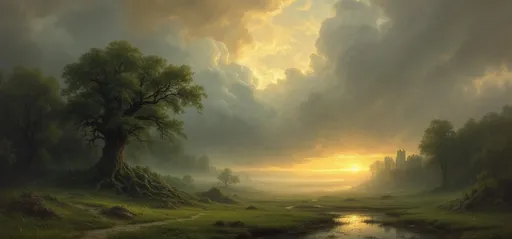Prompt: A painting in the style of 19th-century realism. A green meadow with thin ribbons o mist floating above the grass. Lush, massive, gnarled trees. A gothic ruin. A pond. Thick  mist. Dreamlike atmosphere. Ethereal light. The most striking element is the sky . Thick, billowing clouds stretch across the sky, heavy and textured with tones of grey, brown, and hints of blue. These clouds seem to part just enough to reveal a glowing band of soft, golden-yellow light near the horizon, suggesting either a sunrise or a sunset. This light gently spills across the landscape, casting a muted radiance that enhances the depth and mystery of the scene. A painting in the style of 19th-century realism.