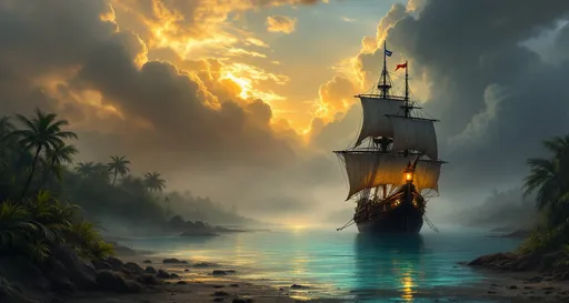 Prompt: A pirate galleon with glowing lanterns on a turquoise misty river in the middle of a lush tropical jungle with plants and palms. The most striking element is the sky . Thick, billowing clouds stretch across the sky, heavy and textured with tones of grey, brown, and hints of blue. These clouds seem to part just enough to reveal a glowing band of soft, golden-yellow light near the horizon, suggesting either a sunrise or a sunset. This light gently spills across the landscape, casting a muted radiance that enhances the depth and mystery of the scene. The style of 19th-century realism.