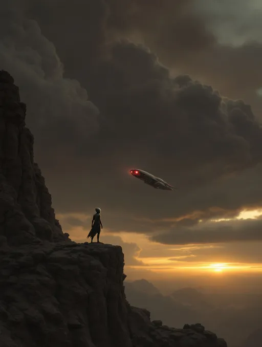 Prompt: An extraterrestrial humanoid warrior on a rocky cliff. A squid like extraterrestrial spaceship in the sky . Storm clouds .
The most striking element is the sky  . Thick, billowing clouds stretch across the sky, heavy and textured with tones of grey, brown, and hints of blue. These clouds seem to part just enough to reveal a glowing band of soft, golden-yellow light near the horizon, suggesting either a sunrise or a sunset. This light gently spills across the landscape, casting a muted radiance that enhances the depth and mystery of the scene.



