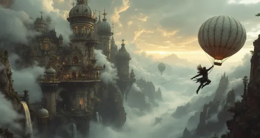 Prompt: A close-up on a flying man with wings made of metal feathers gliding through mist-shrouded towers of  steam-punk palaces perched on rocky cliffs. Intricate mechanical details, brass and copper elements. Above the palaces float elongated montgolfier balloons tethered to the structures with thick ropes.Mist. Waterfalls . The most striking element is the sky . Thick, billowing clouds stretch across the sky, heavy and textured with tones of grey, brown, and hints of blue. These clouds seem to part just enough to reveal a glowing band of soft, golden-yellow light near the horizon, suggesting either a sunrise or a sunset. This light gently spills across the landscape, casting a muted radiance that enhances the depth and mystery of the scene. The style of 19th-century realism.