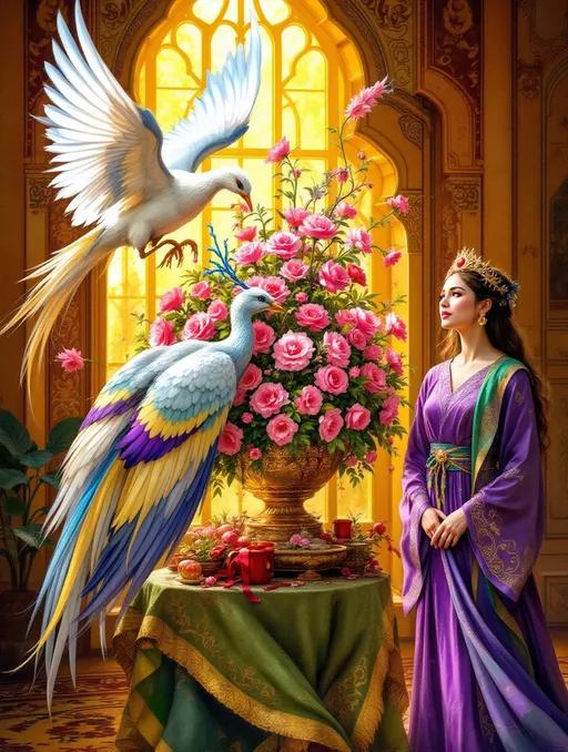Prompt: A scene in the style of an oriental fairy tale. A dramatic and vibrant scene with an ornate oriental room. The setting feels regal and fantastical reminiscent of Persian or Mughal painting styles . At the center , on a table, in front of a tall, arched window through which golden sunlight is filtering is a large vase brimming with blooming pink flowers and lush green foliage . 
Two large mythical, magical birds with long tails and rich plumage dominate the foreground : one is gray , bent forward perched on the vase rim drinking nectar while the other is white with pale blue wings and yellow accents in mid-flight descending toward the same bouquet. The white bird has two blue tendrils resembling antennae on its head giving it a mythical or magical appearance .
To the right of the image stands a female figure dressed in a flowing purple and green robe tied with multicolored sashes . Her garments move as if caught in a breeze. She wears a golden tiara with a red jewel indicating she may be a princess. The expression on her face is one of awe or surprise and she gestures upward with raised arms toward the flying bird.
Golden light filters through tall, arched windows.
The entire composition is both narrative and decorative blending nature with human emotion in a fantastical and theatrical moment depicting a scene where magical birds appear .
