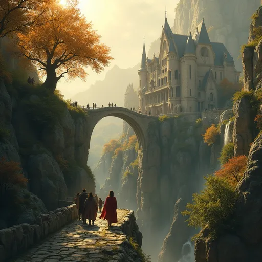 Prompt: A breathtaking elven city nestled on a lush and rocky mountain slope with cascading waterfalls , elegant arched bridges and intricately designed buildings with curved rooftops and llarge arched windows . The golden light of the setting sun bathes the scene casting a warm glow on the stone structures and lush autumn-colored trees grown on massive rocks . A group of travelers crosses an ancient stone bridge towards the city  , their cloaks flowing in the wind. The atmosphere is mystical evoking a high fantasy setting. Mist