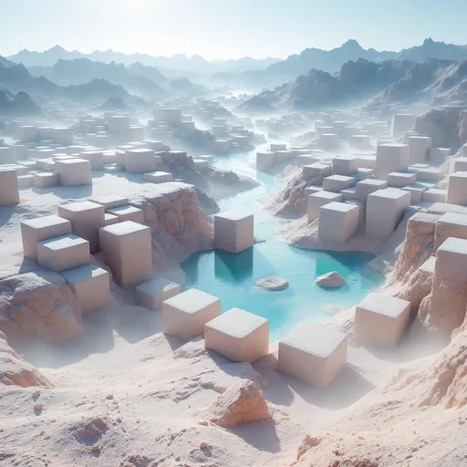 Prompt: A surreal, deserted landscape with no land with thousands of huge white cubes . A turquoise river . Mist. Sunlight.