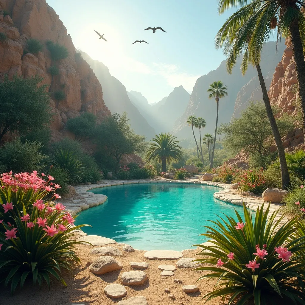 Prompt: Arid terrain . A turquoise pool. Tropical shrubs , tropical flowers , pink lilies , tropical lush vegetation and palm trees . Birds soaring in the sky . Sunlight . Mist 