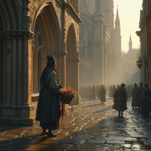 Prompt: A 14th-century female gipsy flower seller stands beside the lateral wall of a grand Gothic cathedral . Behind her the cathedral's towering stone wall showcases intricate buttresses arches and large gothic arched windows . Beside her a ragged street performer in tattered clothes skillfully juggles  . Muddy ground , pools of water , pedestrians . The scene is rich with historical detail .Sunset . Mist
